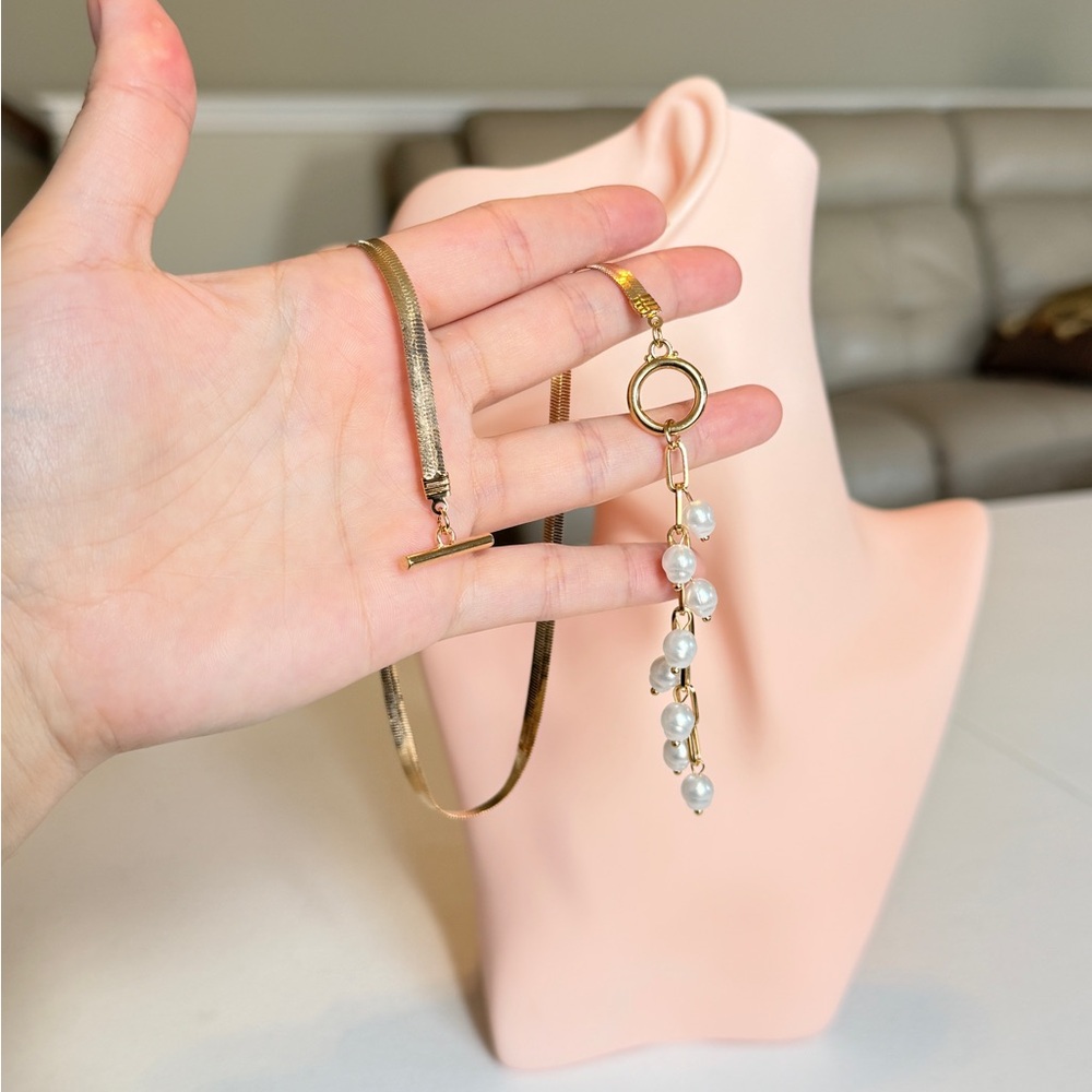 Gold Pearl Drop Toggle Necklace - Picture 6 of 8